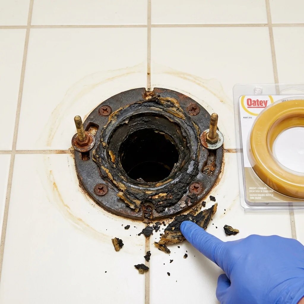 Failed wax ring showing water seepage at the base of a toilet in a Hudson, OH home