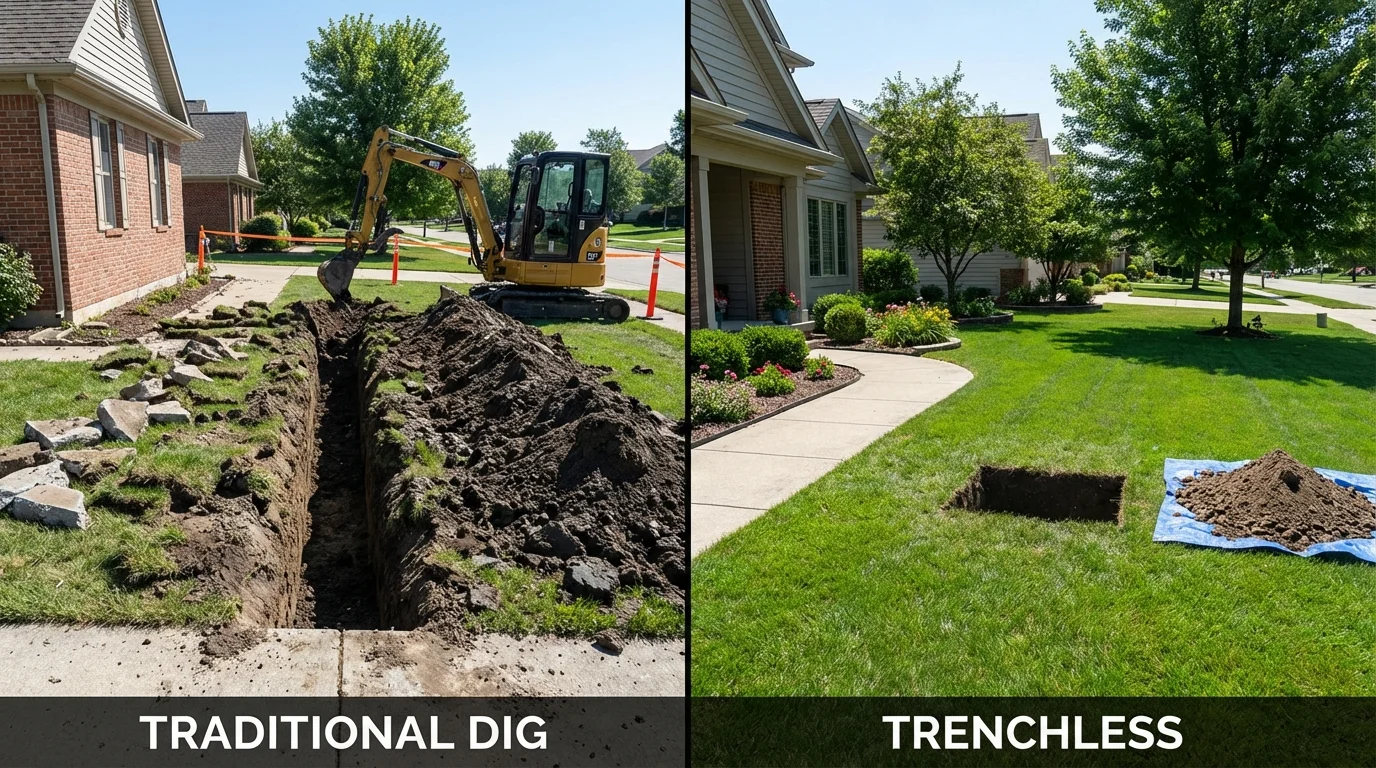 Trenchless sewer repair with minimal yard damage versus traditional excavation in Hudson, OH