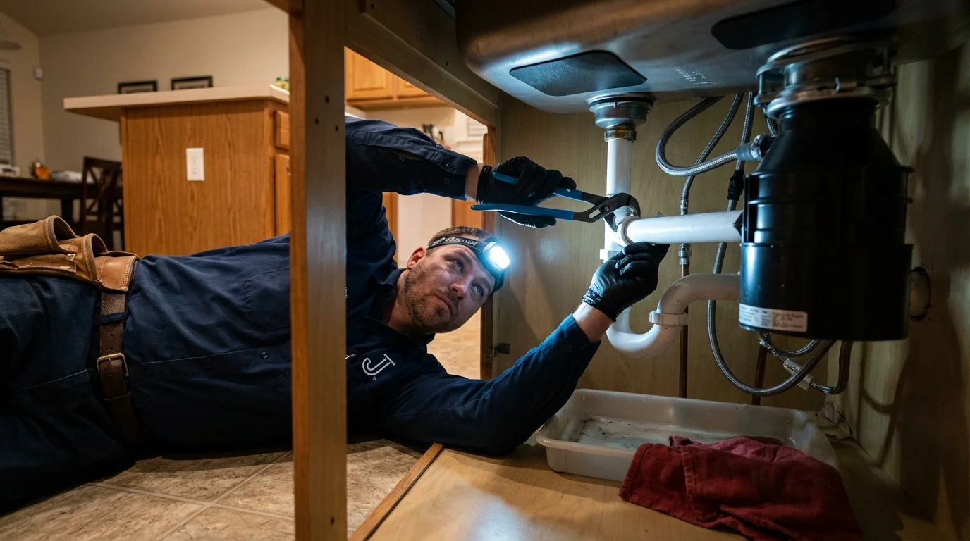 P-trap and supply line connections under a kitchen sink showing a common leak point in Hudson, OH